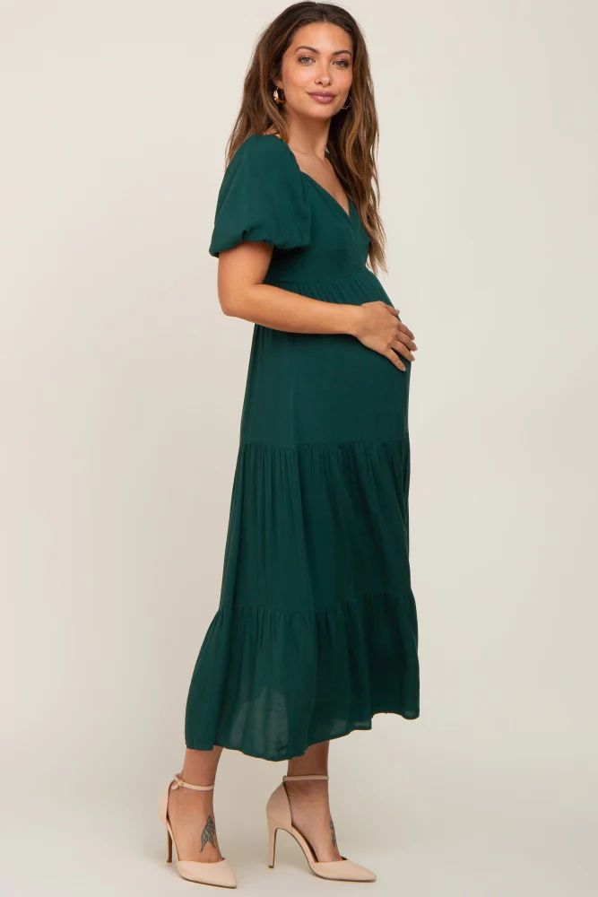 Green V-Neck Puff Sleeve Tiered Maternity Maxi Dress | PinkBlush Maternity
