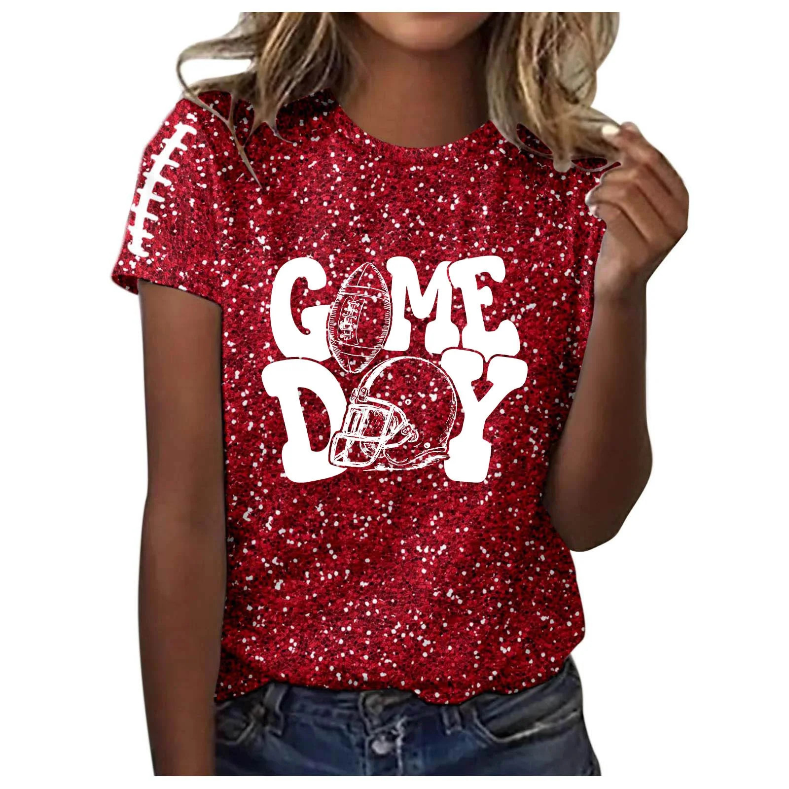 Women Game Day Tee Funny Football Glitter Print T Shirt Casual Short Sleeve Tops Squad Sport Seas... | Walmart (US)