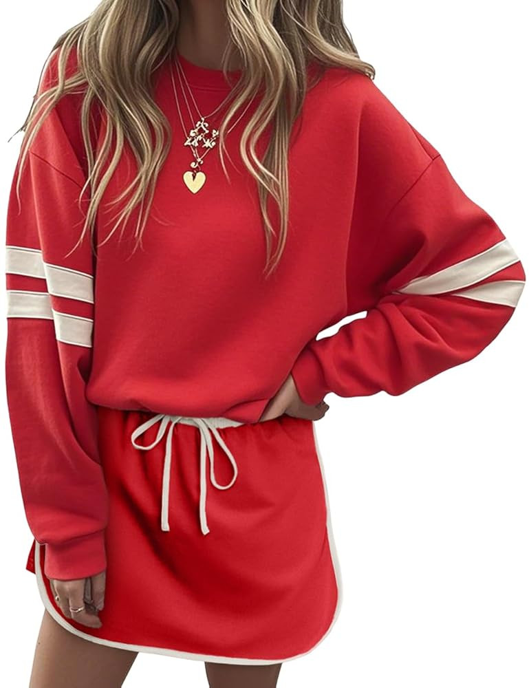 Ecosunny Womens Sweatsuits 2 Piece Set Casual Tracksuit Stripe Sweatshirt Waisted Skirted Skorts ... | Amazon (US)