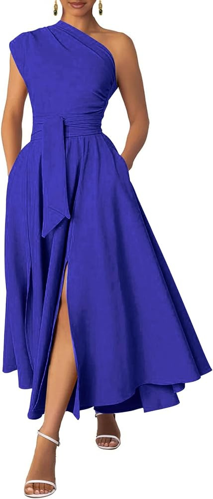 Ekaliy Women's One Shoulder Belted Maxi Dress Long Formal Wedding Guest Dress with Pockets | Amazon (US)