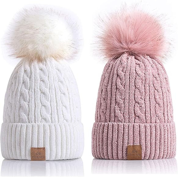 PAGE ONE Women Winter Pom Pom Beanie Hats Warm Fleece Lined,Chunky Trendy Cute Chenille Knit Twis... | Amazon (US)