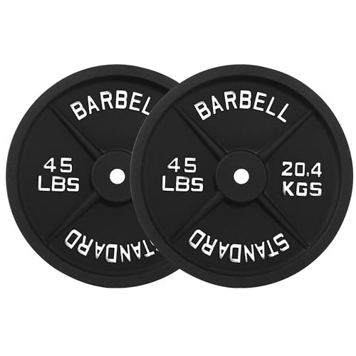 【45LB Pair】1" Cast Iron Weight Plates | (2) x 45LB Black Plates with Silver Numbers | For Standard Barbell Bars & Home Gyms | Amazon (US)