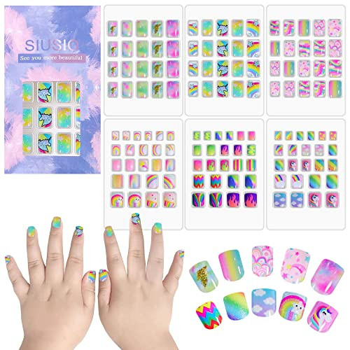 SIUSIO 132 Pcs 6Pack Kids Press on Nails Children Acrylic Fake Nails Cute Pre-glue Full Cover Glitter Gradient Color Rainbow Short Stick On False Nail Art Kits Set for Kids Little Girls - Spendid Pony | Amazon (US)