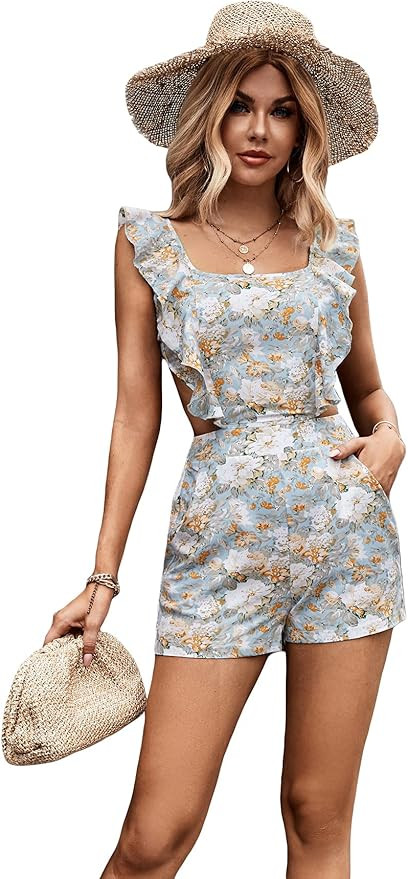 OYOANGLE Women's Boho Floral Print Square Neck Ruffle Trim Backless Cut Out Romper | Amazon (US)