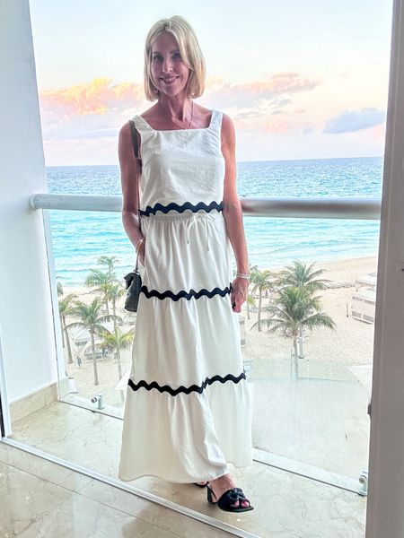 Vacation dress with ricrac trim. Two piece set with elastic waistband. Comes in other colors too. I’m wearing a size small and it fits true to size. 

Over 40, resort dress, vacation outfit 

#LTKfindsunder50 #LTKtravel #LTKover40
