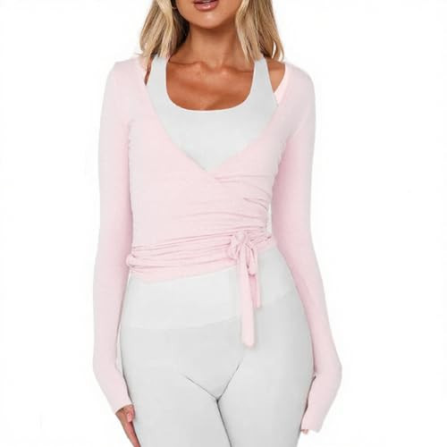Women Wrap Top Long Sleeve Deep V Neck Cross Tie Workout Ballet Pilates Yoga Shirt Pink M | Amazon (US)