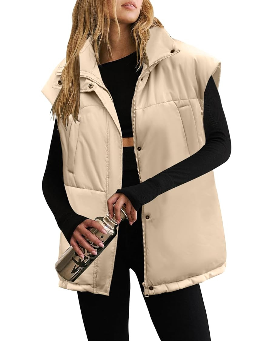 Fisoew Women's Oversized Puffer Vest Lightweight Insulated Flysleeve Stand Collar Padded Jackets... | Amazon (US)
