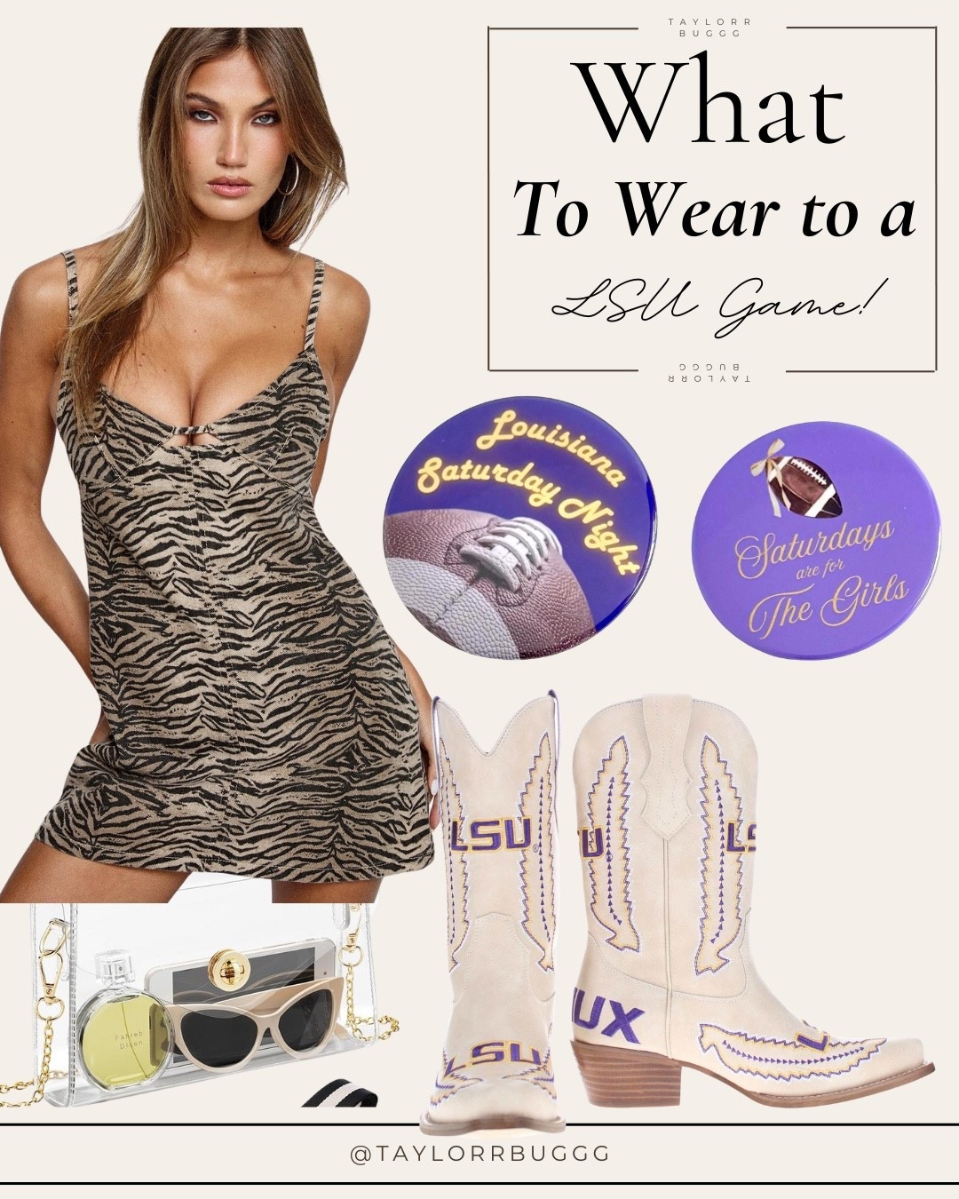 What to Wear to an LSU Game 💜💛
Calling all Tiger girls! Game day glam just hit a new level. This tiger print mini + LSU boots combo is giving Saturday night in Death Valley energy.
Linked everything you need to turn heads from the tailgate to Tiger Stadium 🐅✨

🎀 Dress: bold + breathable
🤠 Boots: custom cowgirl dreams
🕶️ Clear bag: stadium-approved & chic