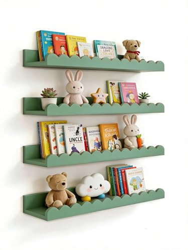 icnjdMopclean Scalloped Shelves for Nursery - Wall Book Shelves for Bedroom Kids, Nursery Bookshelf for Wall Set of 4, Floating Book Shelves Solid Wood,16 Inch, Sage | Amazon (US)