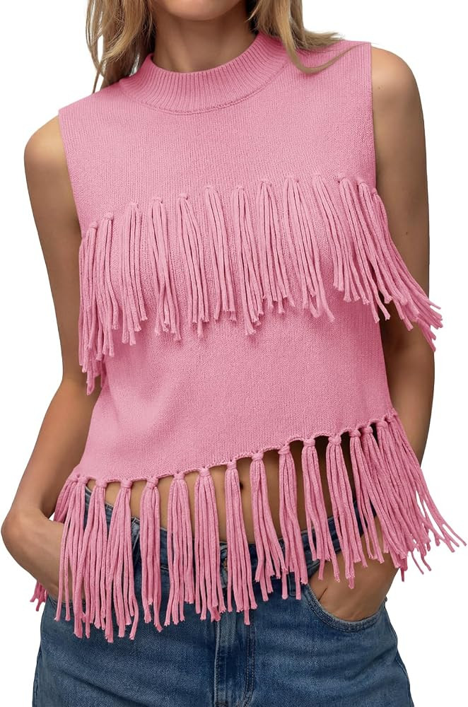 Tankaneo Womens Fringe Knit Tank Tops Summer Trendy Casual High Neck Sleeveless Shirts Boho Loose... | Amazon (US)