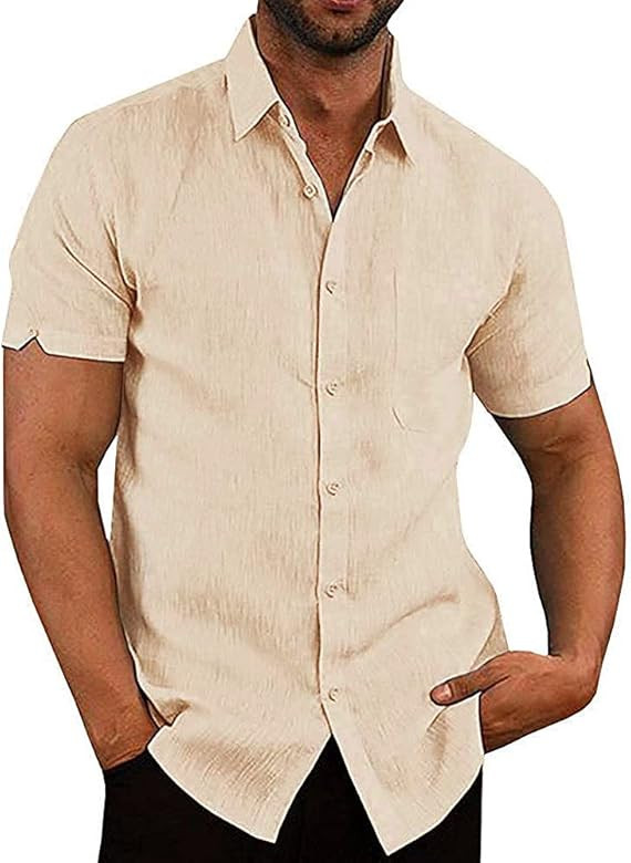 JEKAOYI Button Down Short Sleeve Linen Shirts for Men Summer Casual Cotton Spread Collar Beach Shirt | Amazon (US)