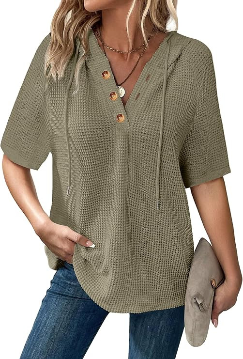 Dimur Hoodies for Women Oversized Waffle Knit V-Neck Summer Top Casual Drawstring Hooded Pullover... | Amazon (US)