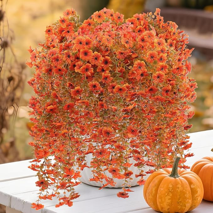 12 Pcs Artificial Hanging Mums Flowers Outdoor, Orange UV Resistant Fake Hanging Fall Plants for ... | Amazon (US)