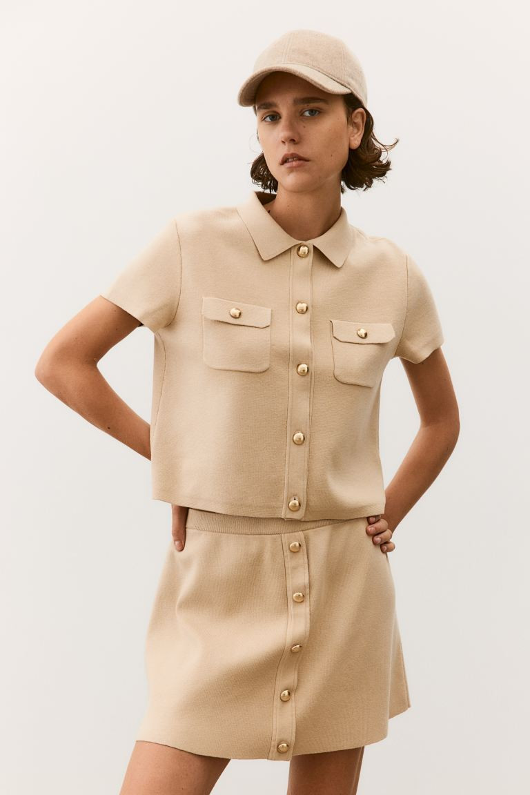 Short-Sleeved Cardigan - Short sleeve - Short - Beige - Ladies | H&M US | H&M (US + CA)