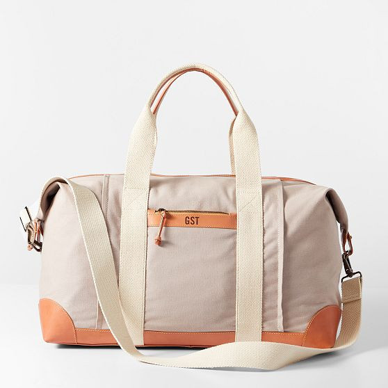 Canvas and Leather Weekender, Light Grey-Tan | Mark and Graham