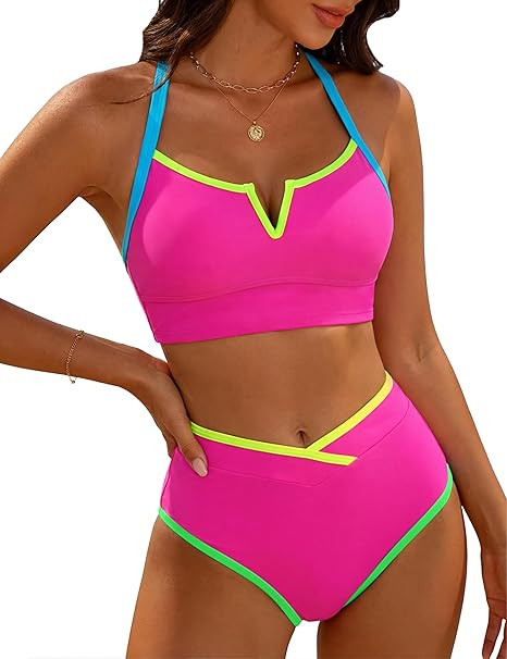 BMJL Women's High Waisted Bikini Sets Color Block Sporty Two Piece Swimsuits Tummy Control V-Neck... | Amazon (US)