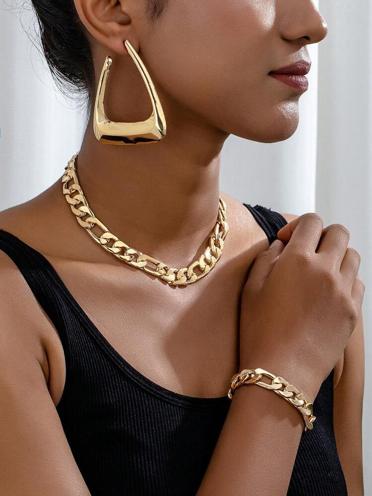 1 Set Vintage Geometric Leopard Print Chain Necklace, Bracelet And Hollow Triangle Leopard Stud E... | SHEIN
