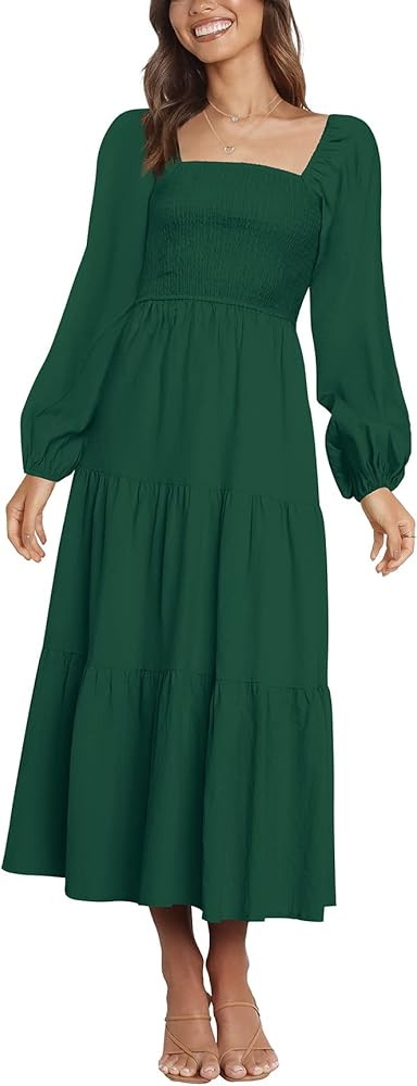 firfig Women's Long Sleeve Casual Square Neck Smoched Tiered Long Dresses Flowy Wedding Guest Maxi D | Amazon (US)