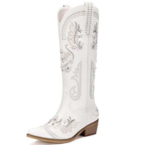 Dixhills Woman's White Cowboy Boots - Wide Calf Knee High Western Boots, Sparkly Glitter Rhinestone Cowgirl Boots with Embroidery, Summer Pointed Toe Pull-On Zipper, Retro Country Boot 12 | Amazon (US)