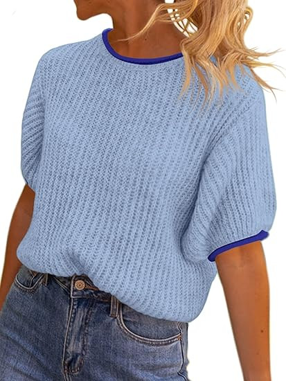Saodimallsu Womens Puff Short Sleeve Sweater Tops Spring Summer Color Block Ribbed Knit Crew Neck... | Amazon (US)
