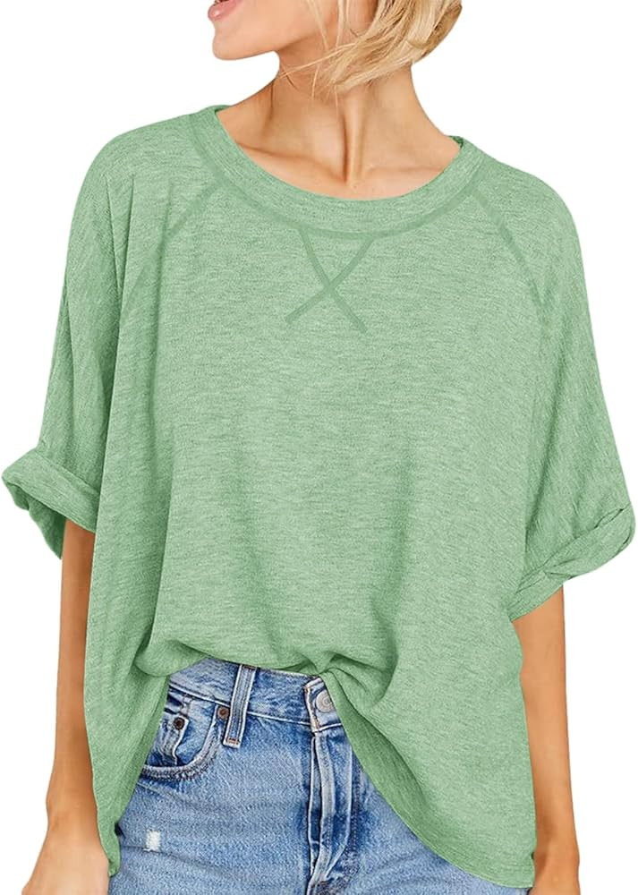 Langwyqu Oversized Tshirts Summer Short Sleeve Shirts Casual Loose Fit Basic Tees | Amazon (US)