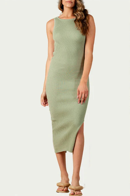 Amaryllis Open-Back Ribbed Knit Midi Dress In Sage | Shop Simon
