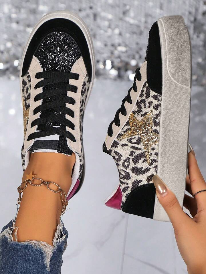 Women Casual Sneakers With Glitter Star Decoration, Lace-Up Low Top Trainers; Leopard Print Black Casual Round Toe Dirty Shoes For Women, Slip-Resistant Soft Bottom Shoes For Home, Walking, Outdoor | SHEIN