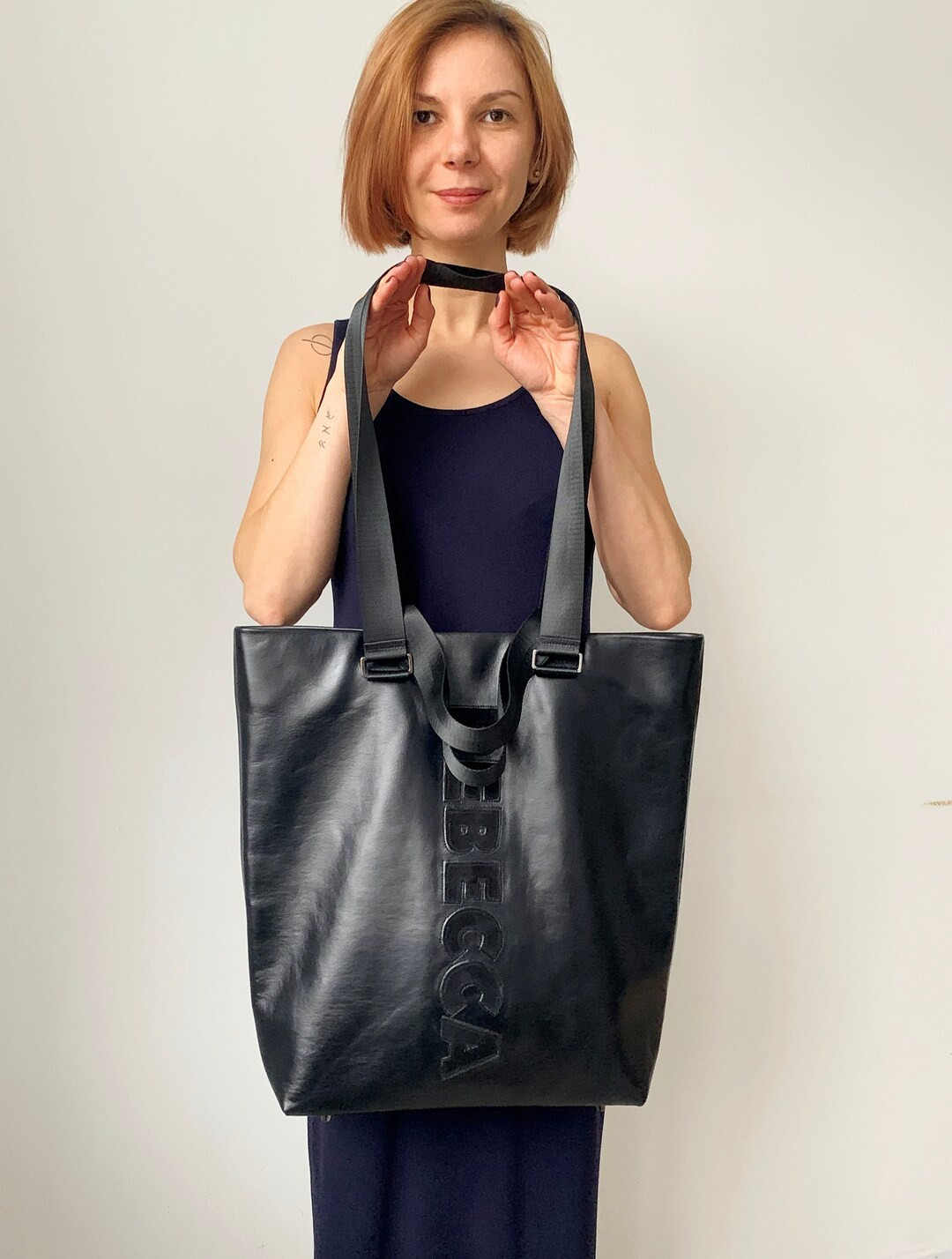 Monogram Black Leather Tote Purse: Oversized Shopper Bag - Etsy | Etsy (US)