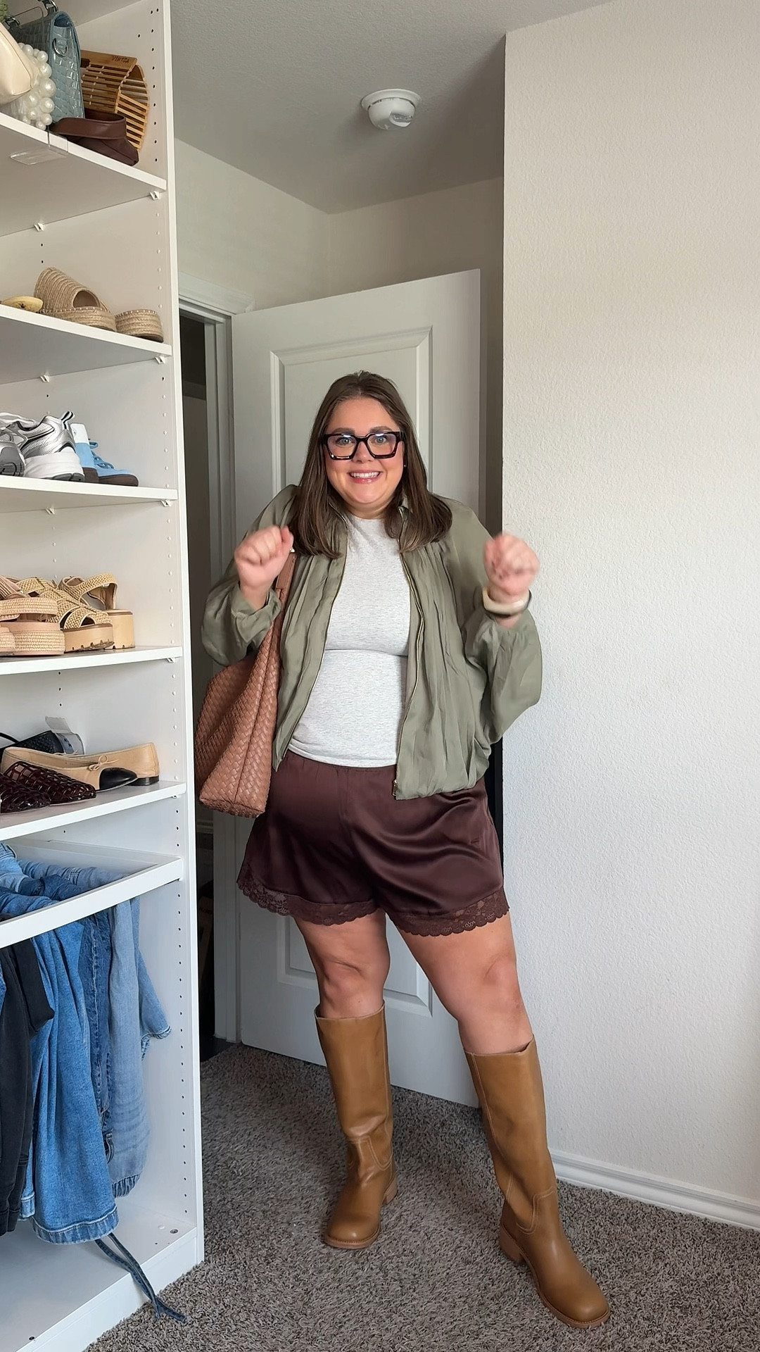 Fall transition outfit plus size wearing xxl in satin shorts, xxl in bodysuit, large in jacket, and boots are wide calf! Amazon bracelets come in a big pack! 

#LTKFindsUnder50 #LTKTall #LTKPlusSize