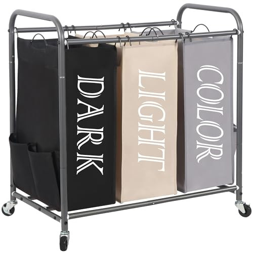 STORAGE MANIAC 3 Section Laundry Sorter, 35.9 Gal (136 L) Laundry Hamper Cart with Heavy Duty Rolling Lockable Wheel and Removable Bag, Clothes Organizer Basket Clothes Separator Hamper, Multicolored | Amazon (US)