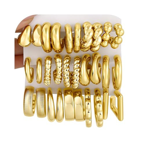 36 Pairs Gold Hoop Earrings Set for Women Multipack, Hypoallergenic Chunky Chain Twisted Hoop Earrings Pack, Fashion Dangle Earrings Jewelry for Gift (C-15Pairs Gold) | Amazon (US)