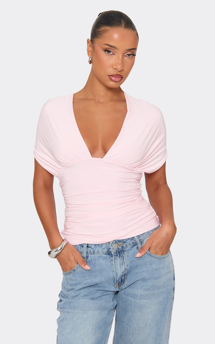 Short Sleeve Plunge Front Tie Back Detail Top In Pink Slinky | EGO (UK)