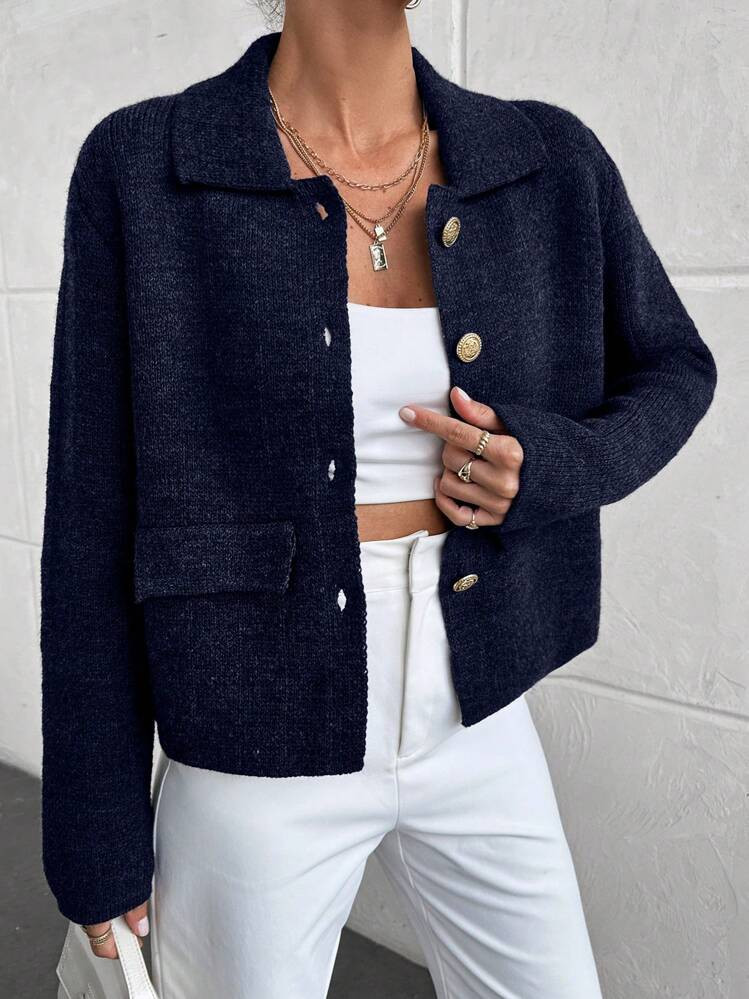 SHEIN Long Sleeve Solid Minimalist Button Front Casual Blouse | SHEIN