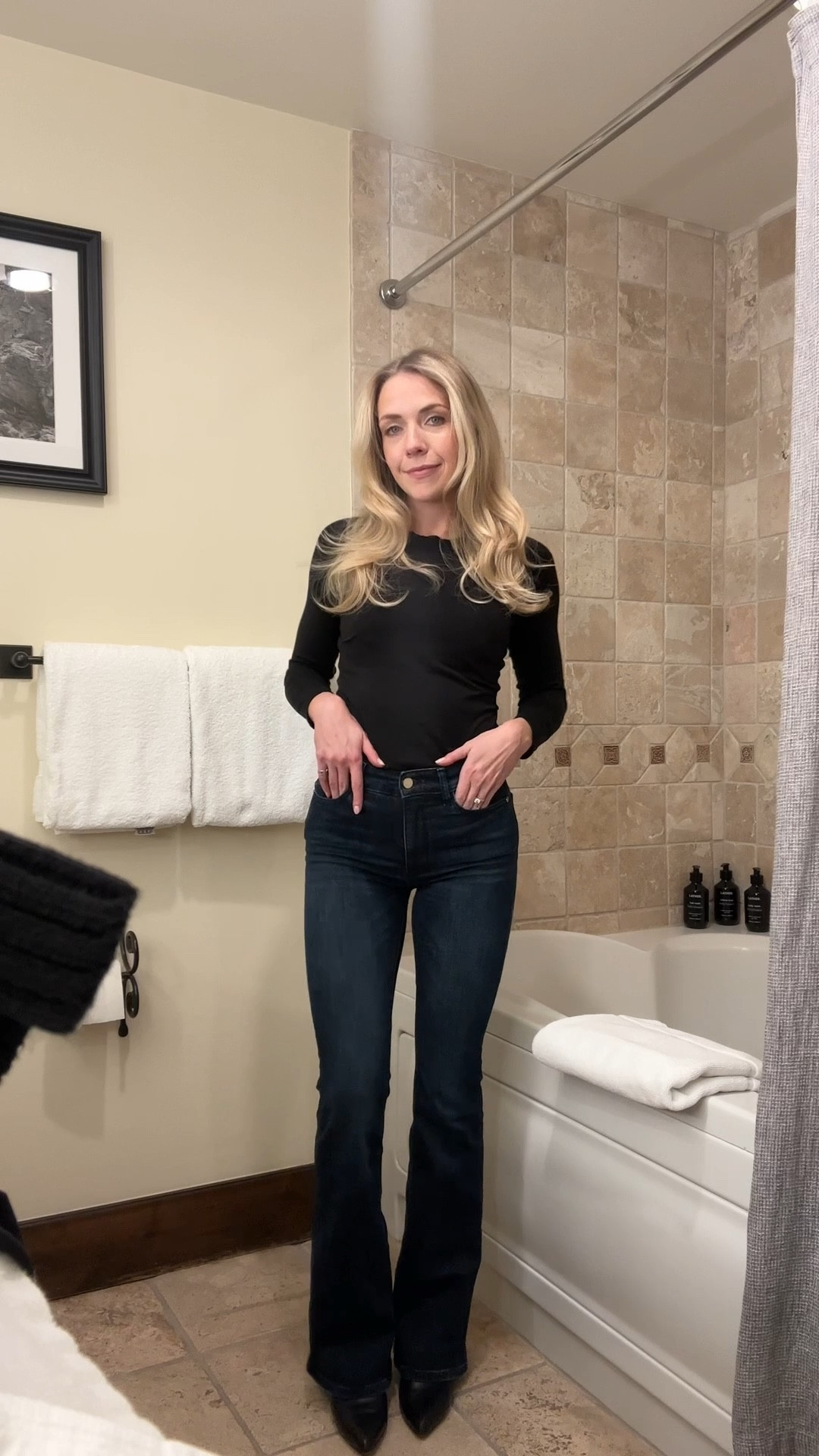 Easy and effortless Jackson hole dinner outfit 

Jeans: TTS (25)
Top:small 
Boots: TTS (8)