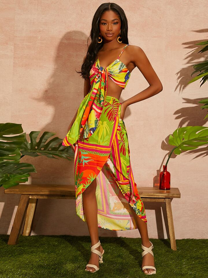 SHEIN Tie Front Tropical Print Twist Cami Top & Split Thigh Skirt | SHEIN