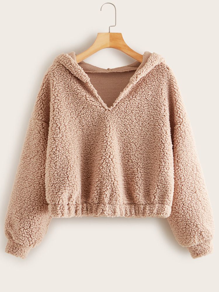 Solid Drop Shoulder Hooded Teddy Sweatshirt | SHEIN