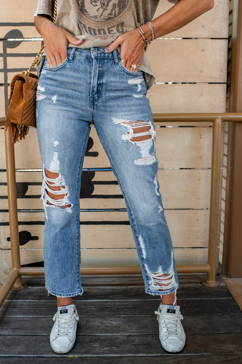 Ready For a Concert High Waisted Distressed Denim | Apricot Lane Boutique