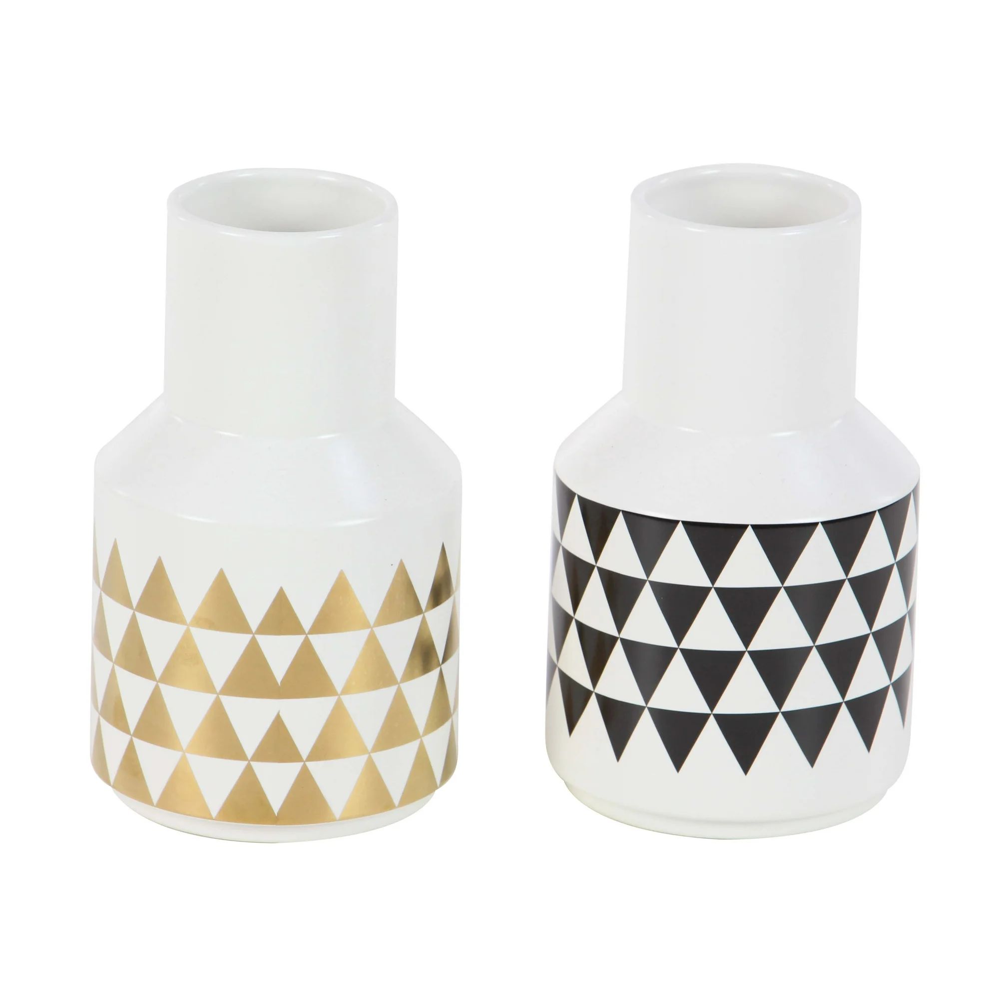 Decmode - Set of 2 modern 9 inch white ceramic bottle vases with black and gold triangle patterns | Walmart (US)