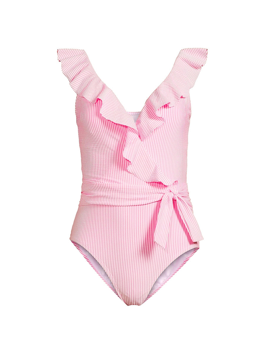 Women's Delphie Seersucker Ruffled One-Piece Swimsuit - Roxie Pink Swim Stripe - Size 12 | Saks Fifth Avenue