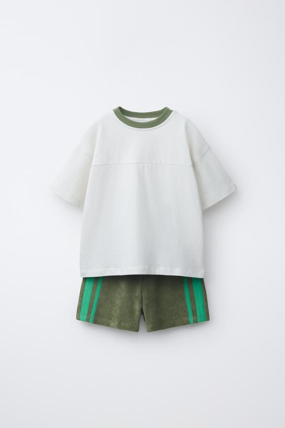 Zara - Plain T-Shirt And Towel Effect Jogging Shorts Set - Light Brown - 6 Years (45,2 Inches) - Kids | Zara US