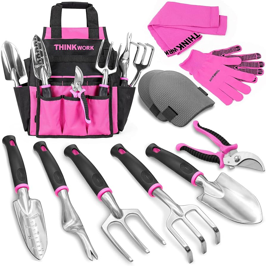 THINKWORK Pink Garden Tools, Gardening Gifts for Women, with 2 in 1 Detachable Storage Bag, Trowe... | Amazon (US)