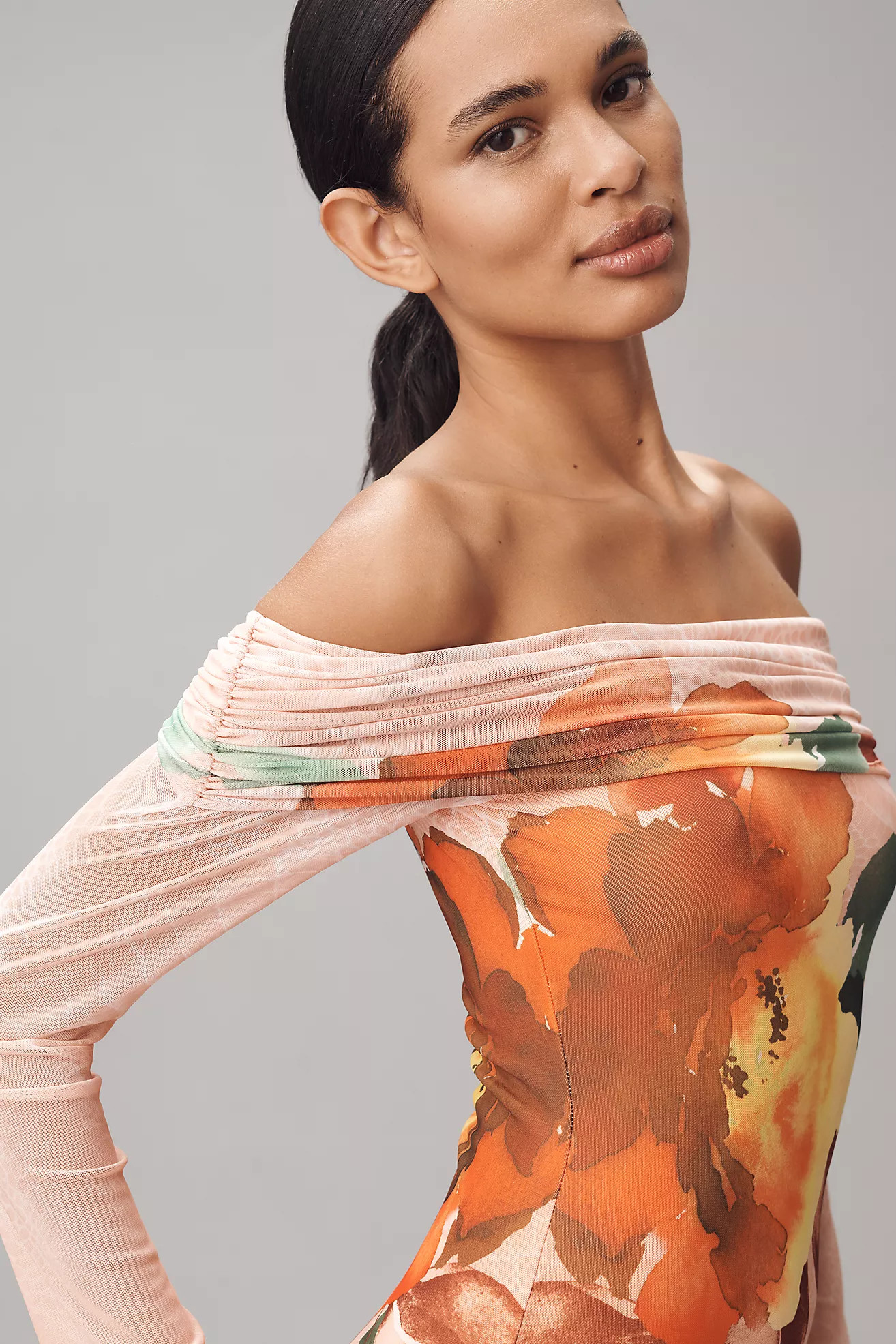 AFRM Long-Sleeve Off-The-Shoulder Mesh Maxi Dress | Anthropologie (US)