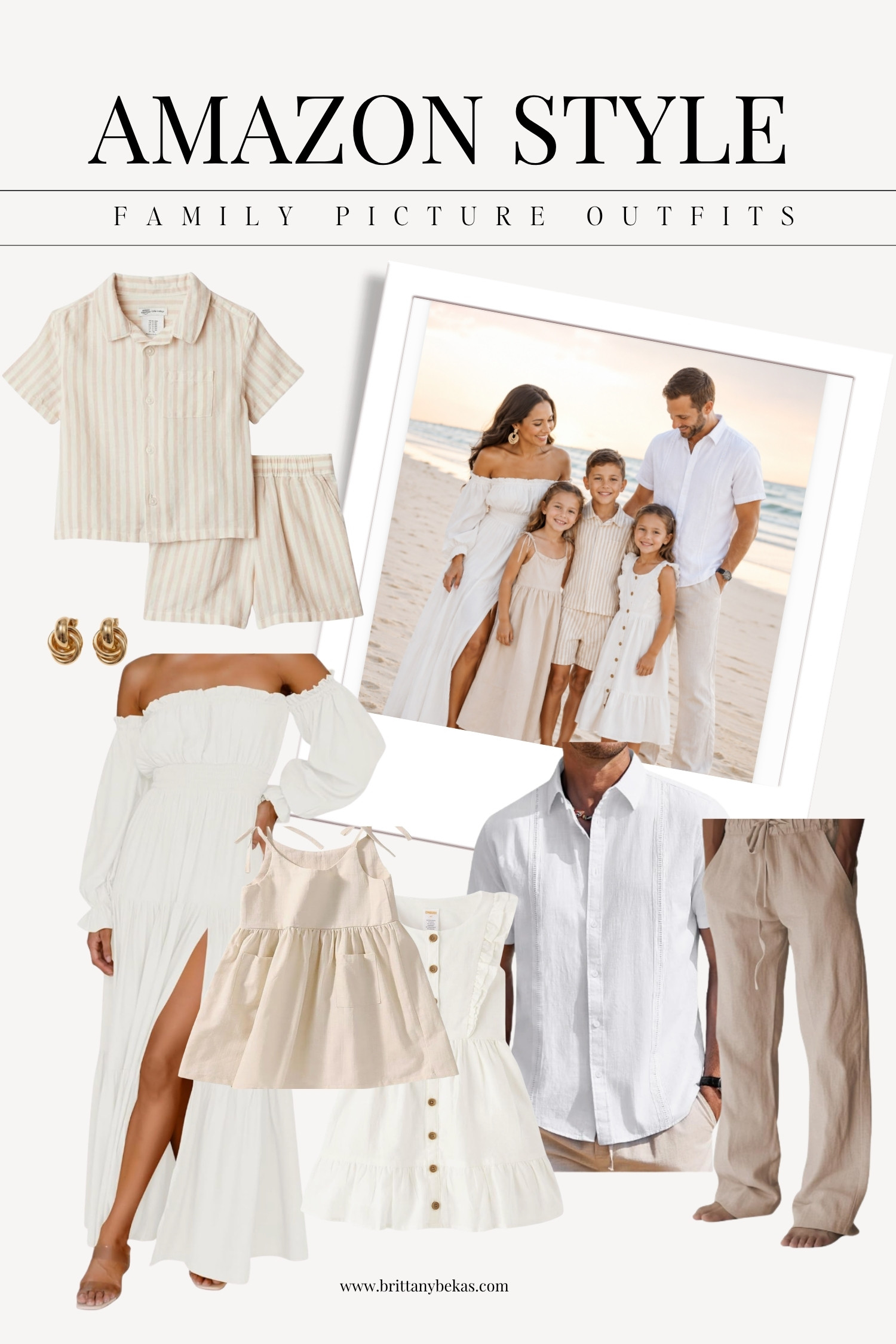 Neutral beach family photo outfit ideas from Amazon 🤍 Cream, white, sand, beige and soft linen tones are always beautiful for beach l.

For this Amazon family photo look, mom wears a flowy white maxi dress, dad wears a white short-sleeve button-down with linen pants, the girls wear simple ivory and cream dresses, and the boy wears a neutral striped shirt and shorts. 

I love mixing linen, cotton and soft textures so an all-neutral family outfit still has dimension.

Amazon fashion for beach family photos, neutral family picture outfits, white and cream family photo outfits, beach family picture outfit ideas, coastal family photos, linen family outfits, what to wear for beach family photos.

#LTKBaby #LTKKids #LTKMens