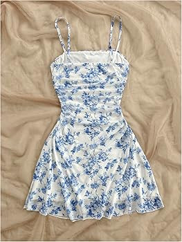 WDIRARA Women's Floral Print Ruched Cami Dress Spaghetti Strap Ruffle Hem A Line Dress | Amazon (US)