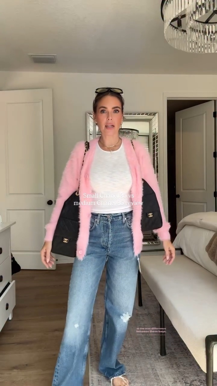 30 second bag review of the small Chanel 25 vs medium size comparison. 

I don’t usually review bags, but I had a few questions on how I was liking the small 25. I figured I’d share since it was hard for me to find videos of people standing up with both of them on, and not sitting at a table telling me what fits in it. 

The small Chanel 25 size is great without smaller kids 😮‍💨🫢 if you’re bringing a wallet, small toiletry bag (the smallest and/or medium lv toiletry pouches fit nicely) and keys/sunglasses, you can cinch it. I was putting bottles and diapers so it was an open hole. The medium Chanel 25 reminds me of the largest old school lv bucket bag with the drawstring (I can’t remember what it was called but iykyk what I mean). Also a bonus: I forgot to show the little pouch that comes with the medium. Just an overall better size imo! 

Hope this helps for anyone who stumbles upon it whilst looking for a small chanel 25 vs medium review! Yes there is a tag hanging off this Amazon sweater

#LTKFindsUnder50 #LTKStyleTip #LTKBeauty