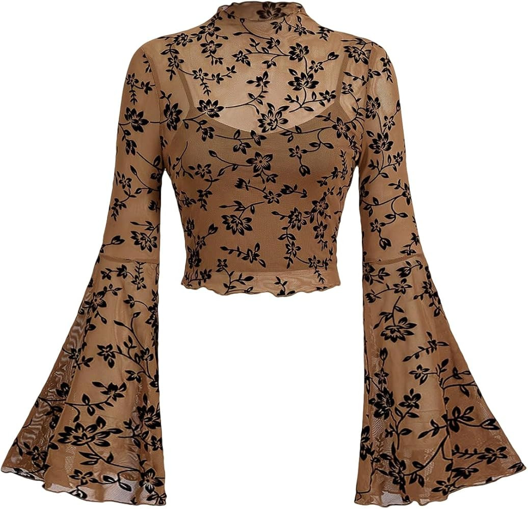 Verdusa Women's Y2K Long Sleeve Tops Goth Mesh Mock Neck Bell Sleeve Crop Tops | Amazon (US)