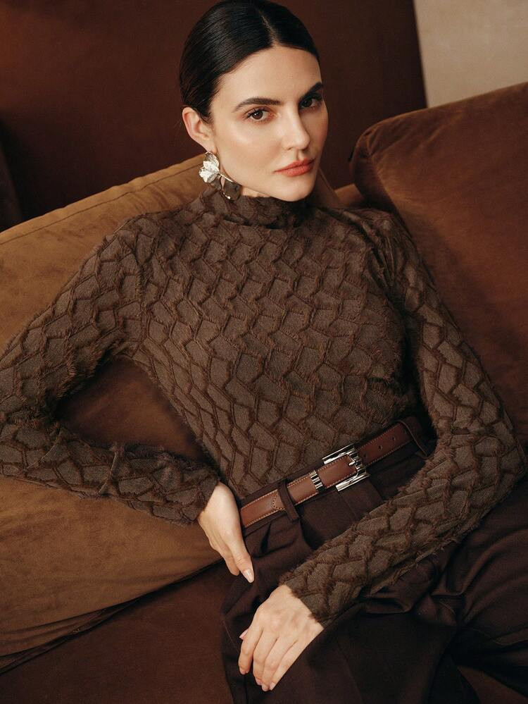 Anewsta Elegant Flocked Lace Turtleneck Undershirt For Women, High-End Autumn/Winter/Spring Tops For New Year, Party, Wedding, Elegant, Chic, Stylish, Christmas, Festival, Holiday | SHEIN