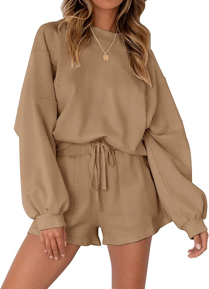 MEROKEETY Women's 2023 Fall Oversized Batwing Sleeve Lounge Sets Casual Top and Shorts 2 Piece Outfi | Amazon (US)