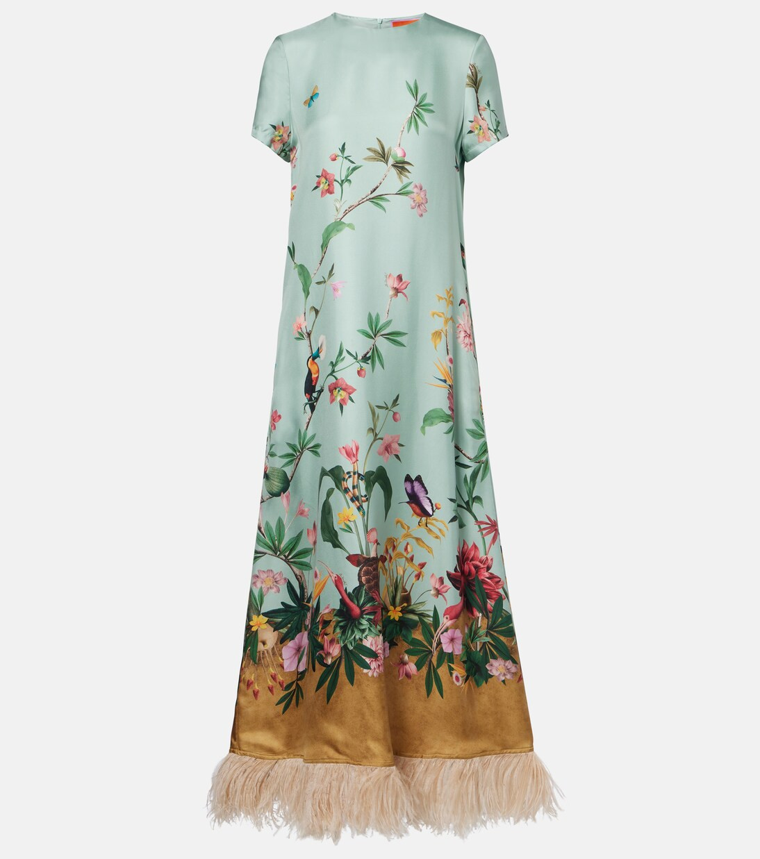 Swing feather-trimmed silk twill maxi dress | Mytheresa (US/CA)