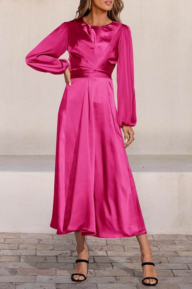 PRETTYGARDEN Women's Spring Fall Fashion Long Sleeve Satin Dress Tie Back Casual Flowy Midi Dress... | Amazon (US)